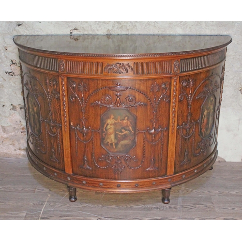 1 - A good quality Edwardian Adam revival demi-lune mahogany side cabinet with three painted panels depi... 