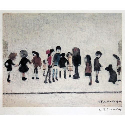 61 - Lawrence Stephen Lowry, Group of Children, colour print, 19cm x 18cm, blindstamp lower left, signed ... 