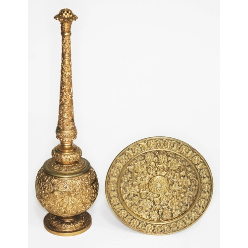 369 - A 19th century gilt brass incense burner and tray formed as a Mughal rosewater sprinkler, height 29c... 