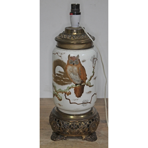 59 - A Victorian Aesthetic pottery and gilt metal  table lamp, decorated with an owl sat on a branch, hei... 