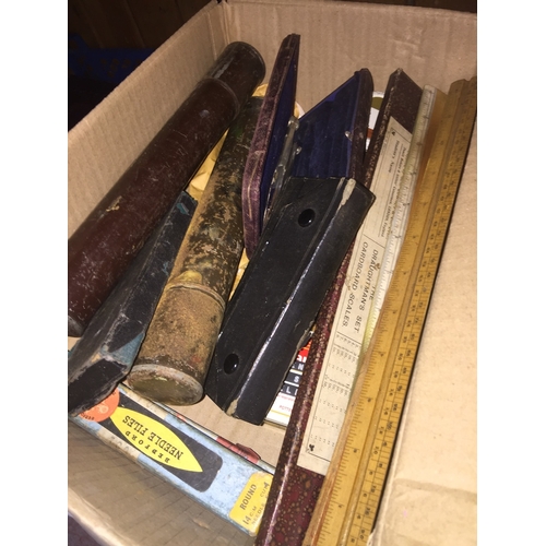 A box of drawing instruments, slide rules, rulers, paint bru... | Barnebys