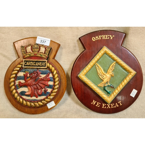 14 - A pair of cast aluminium HMS boat badges, Cardiganbay and Osprey.