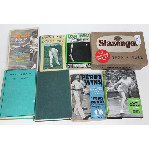 42 - A 1953 vintage Slazenger set of 5 tennis balls in original box and 7 books on tennis.