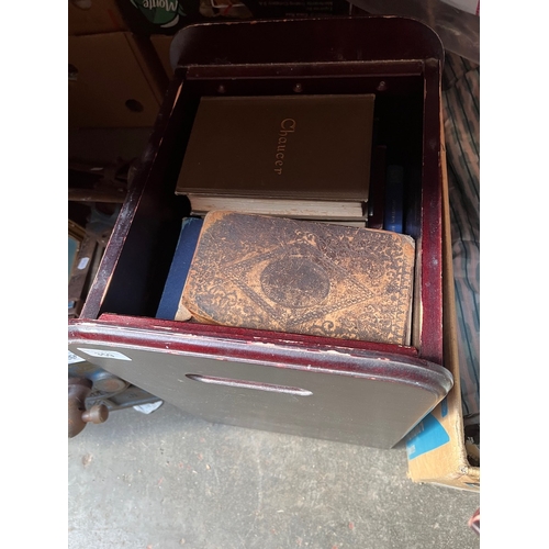 359 - A box of classical vintage books, a watercolour, 2 prints, and 2 mirrors