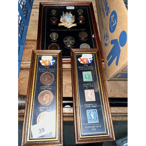 39 - A set of three framed coin/stamp displays.