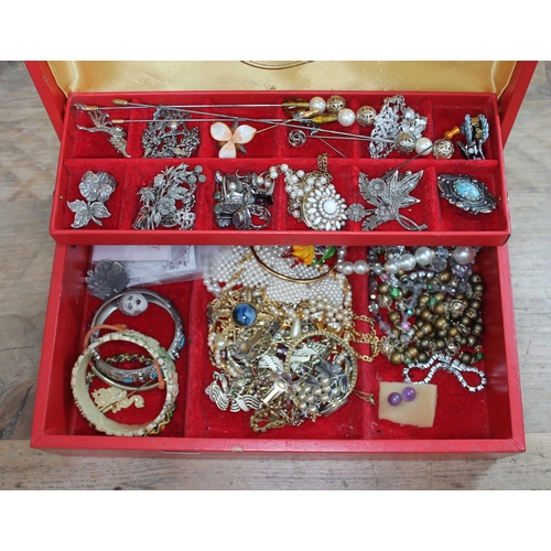 48 - A Chinese jewellery box and contents including marcasite, white metal, etc.