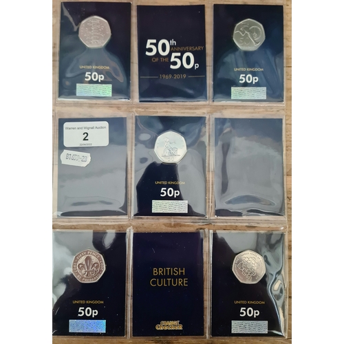 2 - A collection of 50 pence pieces, 50th anniversary of the 50p including 2009 Kew Gardens.