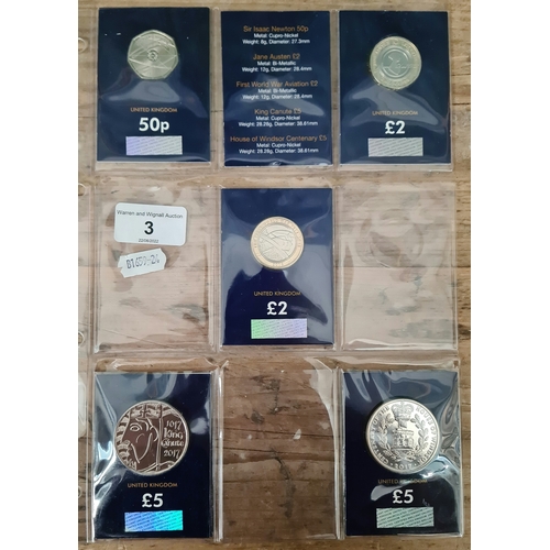 3 - A sleeve of collectable UK coins including £5 coins, £2 coins and Isaac Newton 50p.