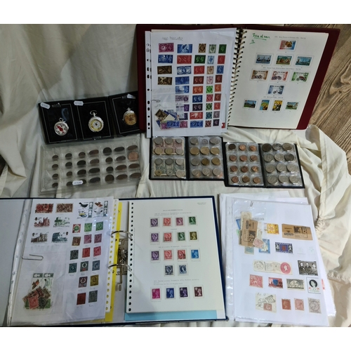 35 - A collection of French and UK coins and UK, Isle of Man stamps and three pocket watches
