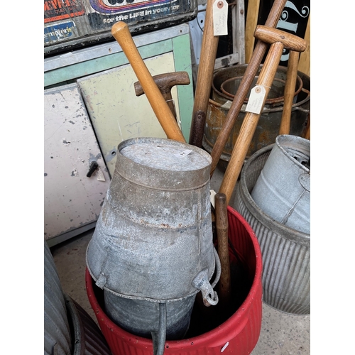 24 - A galvanised bucket - AF, a galvanised watering can and a selection of garden tools, turfing iron, g... 