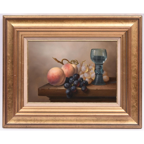 21 - Brian Davies (1942 - 2014), oil painting on canvas. A still life with glass and fruit. Signed in the... 