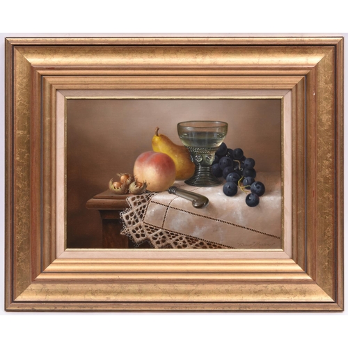 22 - Brian Davies (1942 - 2014), oil painting on canvas. A still life with glass and fruit. Signed in the... 