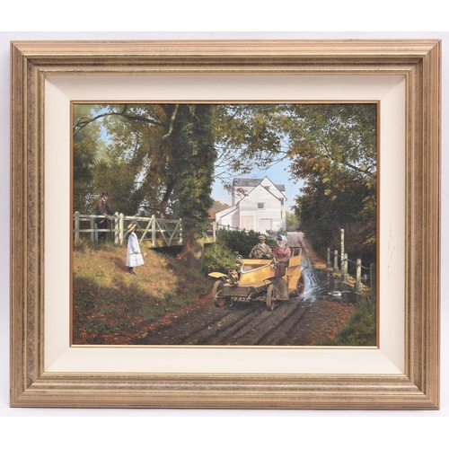 23 - Malcolm Root, oil painting on canvas. A rural scene with early Renault(?) car. Signed and dated 1997... 
