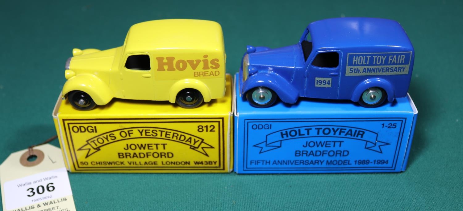 2 ODGI white metal toys. Both Jowett Bradford Vans. One in Hovis Bread