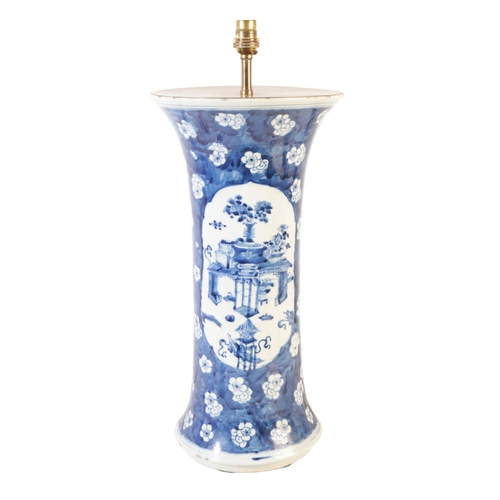 756 - A CHINESE BLUE AND WHITE BLOSSOM VASE converted to a lamp, 46cm high

The estate of the late Sir Dav... 