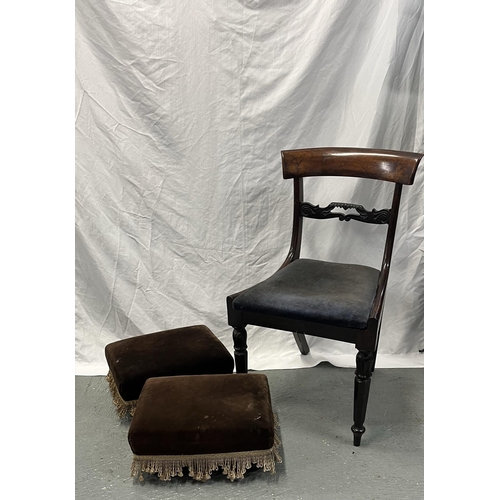 52 - Antique mahogany upholstered occasional chair together with a pair of vintage tasselled foot stools