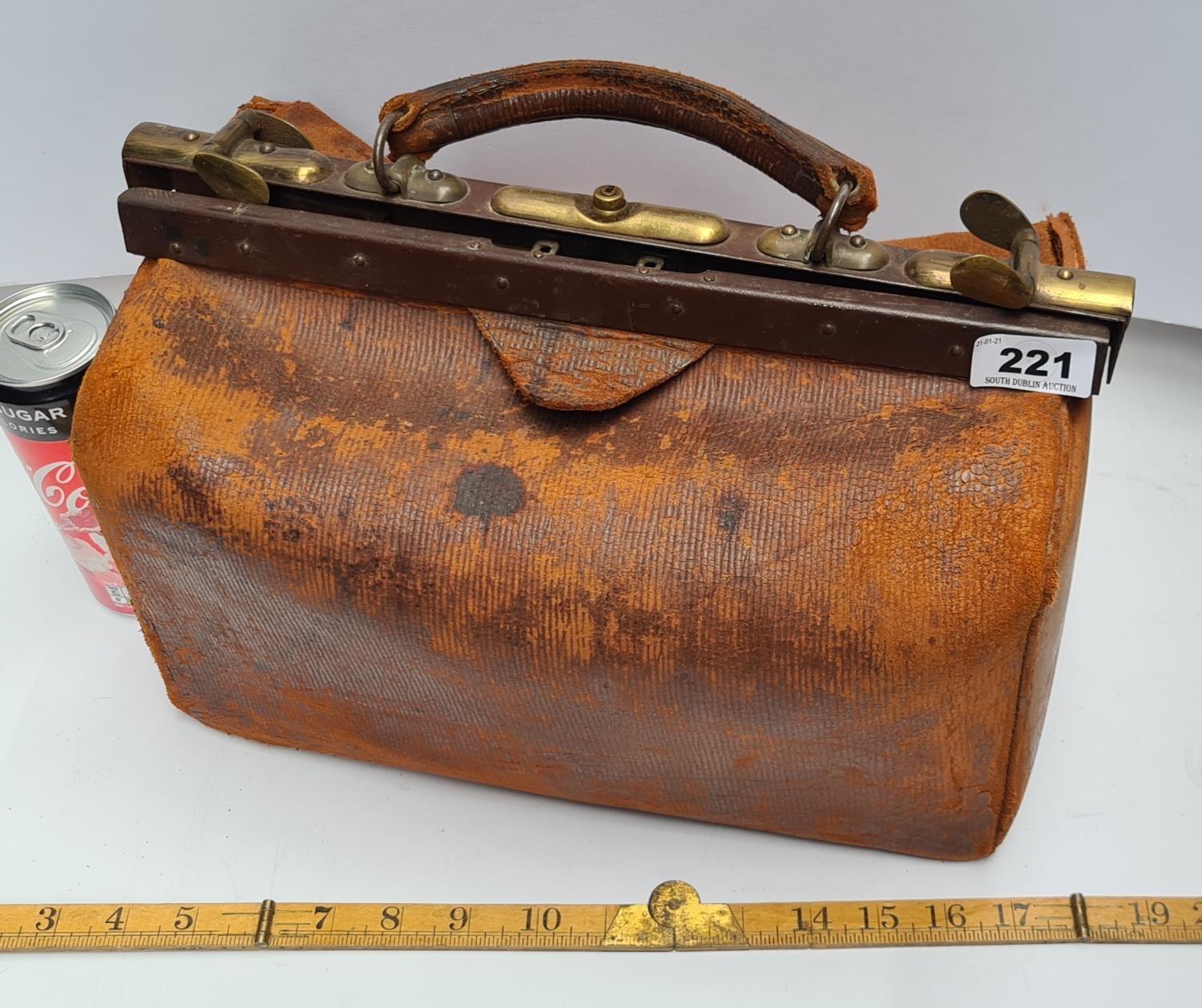 19th century Leather doctors bag with brass mounts.