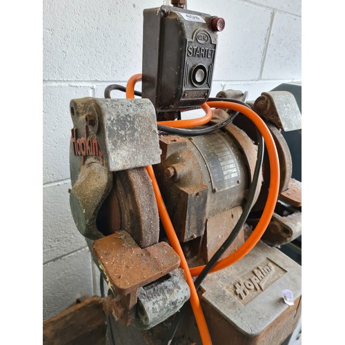 408 - Hopkins commercial quality double ended bench grinder with pedestal. Single phase regular plug