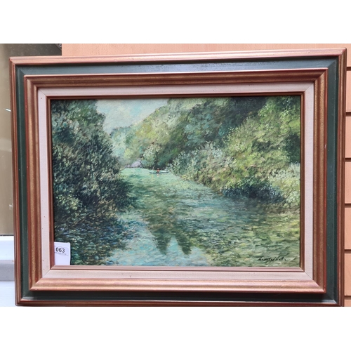 63 - Signed by artist ‘Moutuillet’. 

A truly beautiful work, showing a tree-lined river with a fisherman... 