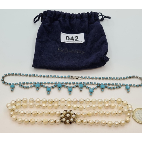 42 - Pretty turquoise necklace and a cultured pearl necklace with decorative clasp.