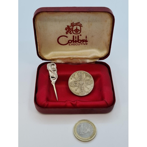 44 - Heavy Irish Silver tooth pick, 1921 Silver half crown and Colibri Lighter box.