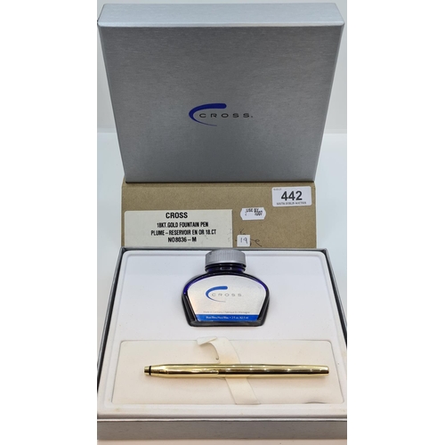 442 - 18ct solid Gold Cross Fountain pen with inner and outer boxes. With a full bottle of Cross ink. 38g ... 