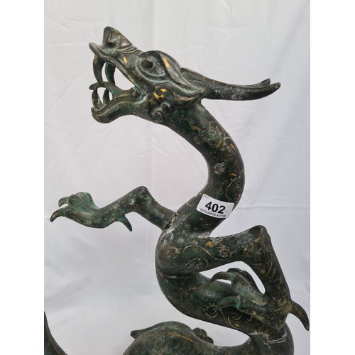 402 - Chinese antique Bronze heavy antique dragon sculpture with Gold cloisonne enamel decoration. Large, ... 