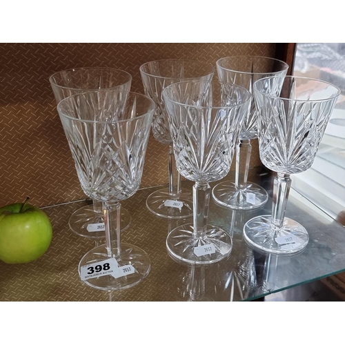 398 - A set of six Waterford crystal wine glasses with the vintage Waterford Gothic stamp. All in good ord... 