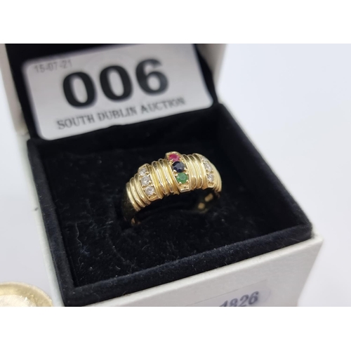 6 - An attractive 14 carat gold ring with ruby, sapphire and emerald stone setting to centre with gem-se... 
