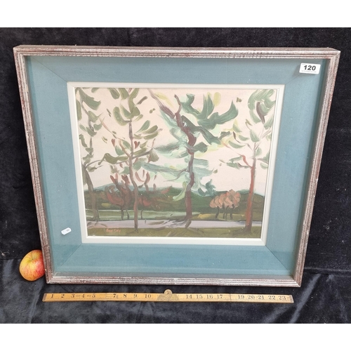 120 - Good sized, original painting, acrylic on board, depicting trees, in a box frame. Signed by the arti... 