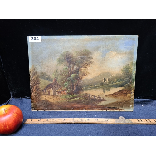 304 - Neat sized original 19th century oil on board showing a waterside cottage with ruins in the backgrou... 