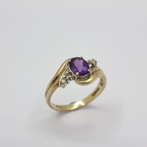 2 - A nice example of a 9K gold amethyst and diamond ring. Ring size O, weight 2.6g.