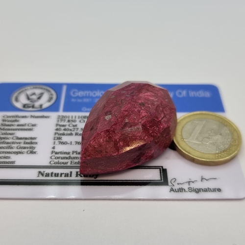 30 - A large pear cut natural ruby stone of 177.85cts. Comes with GLI certificate.