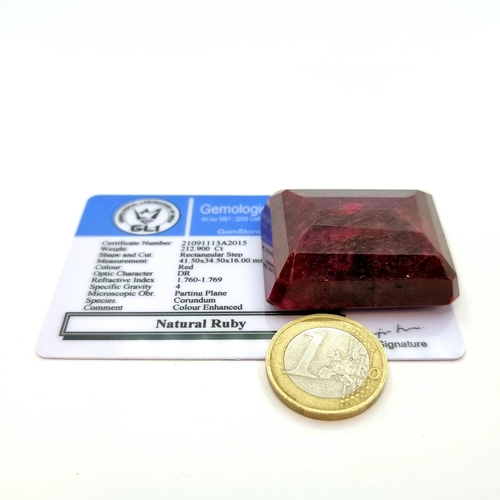 8 - A large rectangular step cut natural ruby stone of 212.9cts. Comes with GLI certificate.