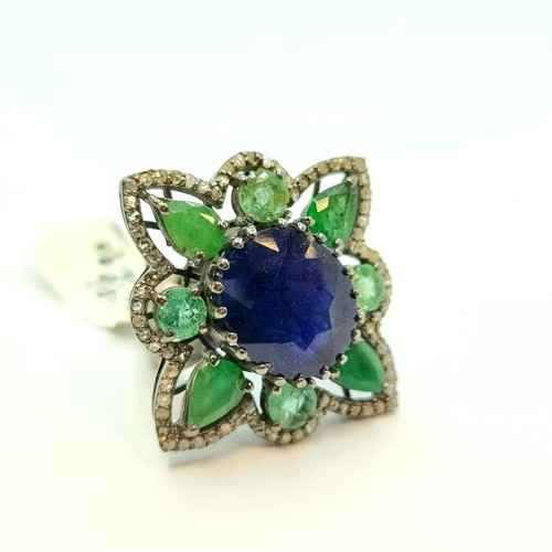 14 - Star Lot: A very pretty Sapphire, emerald and diamond ring, set in sterling silver. Weight of Sapphi... 