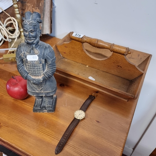 Three vintage items including an antique wooden desk tidy with dovetail joints. Along with a Accurist gentlemen's wristwatch, and a large figure after China's famed Terracotta Warriors.