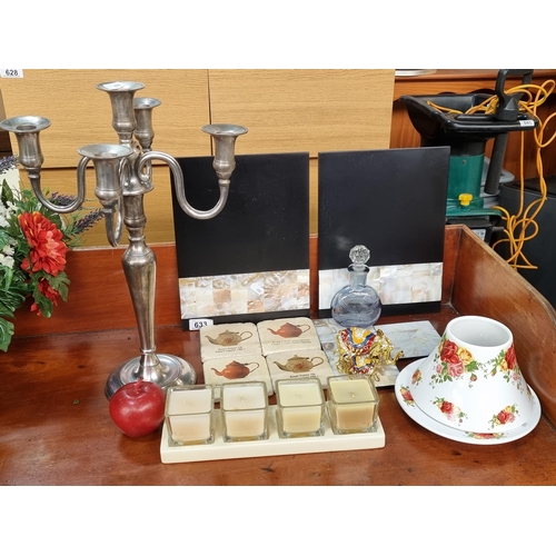 A mixed lot of decorative household items including an as-new Yankee Candle holder, a large EPNS 5 branch  candelabra and other small decorative items.