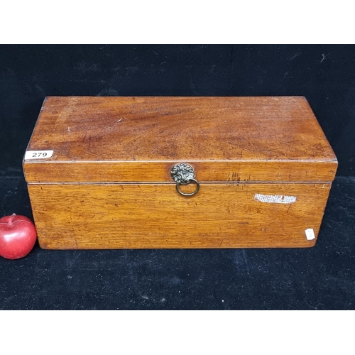 279 - A large vintage cherry-wood presentation box with brass lion mask details and lovely figure to the w... 
