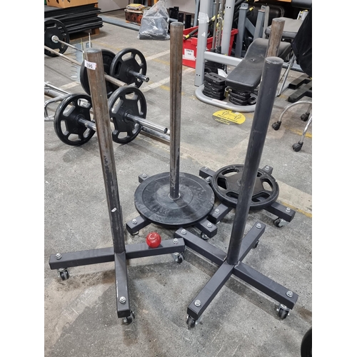 Commercial Gym Quality 4 weight vertical plate stands with large casters for easy transportation. Comes with a 5kg and 15 kg plate weight plate. H100 cms.