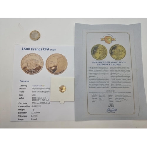 1 - A 1500 Franc CFA Choupin- Ivory Coast 2007 uncirculated gold coin. Weight 1 gram.999. This coin is m... 