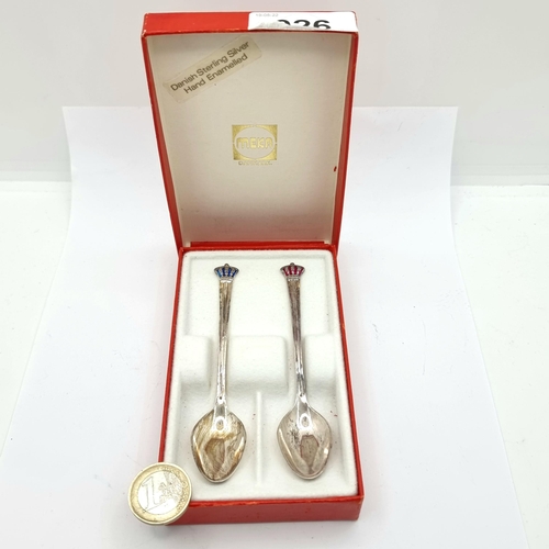 26 - A pair of Danish sterling silver hand enamelled tea spoons, with pretty crown finials. total weight ... 