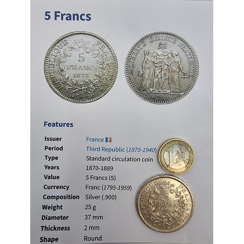 4 - A French Five Franc 1875 Hercules coin. Weight 25 grams with a .900 silver content. A standard circu... 