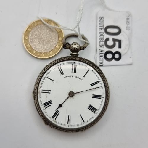 58 - A roman numeral faced pocket watch of fine silver casing made by Murat Geneva with incised decoratio... 