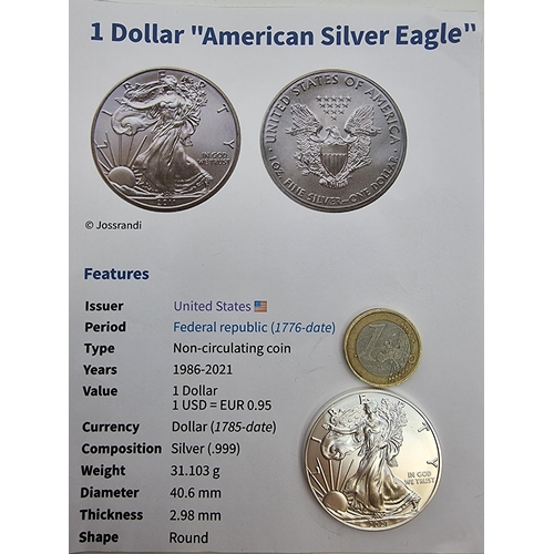 8 - A United States one Dollar American Silver eagle coin, dated 2021 and type one. The weight of coin i... 