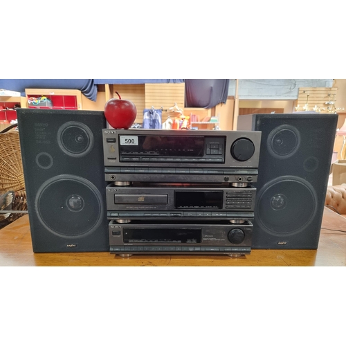 A Sony compact hi-fi system with amplifyer, cd player and fm/am radio. Along with Sanyo speakers.