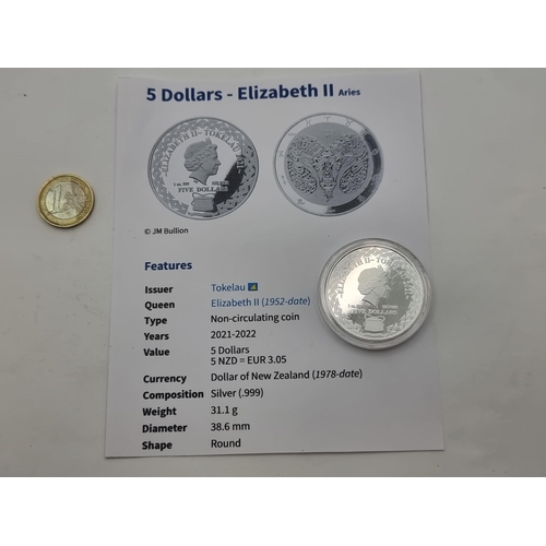 41 - A New Zealand five dollar Elizabeth the Second Aries uncirculated coin. With a silver content of .99... 