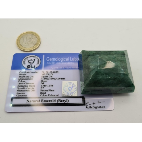 54 - A fine example of a natural square cut Emerald of 332 carats. Comes with GLI Certificate of authenti... 