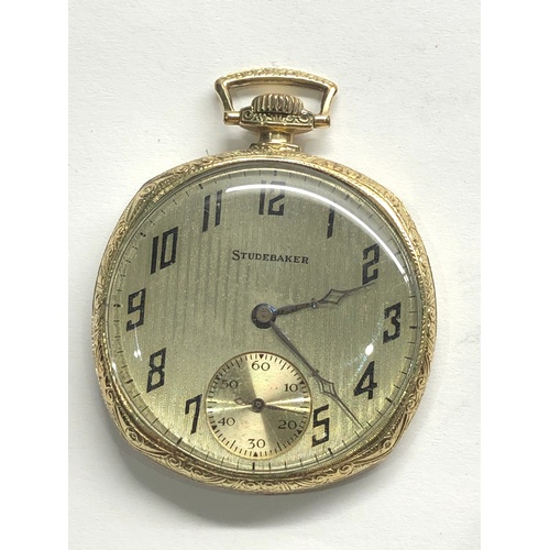 49 - art deco 14ct gold filled open faced pocket watch by Studebaker watch winds and ticks good condition... 