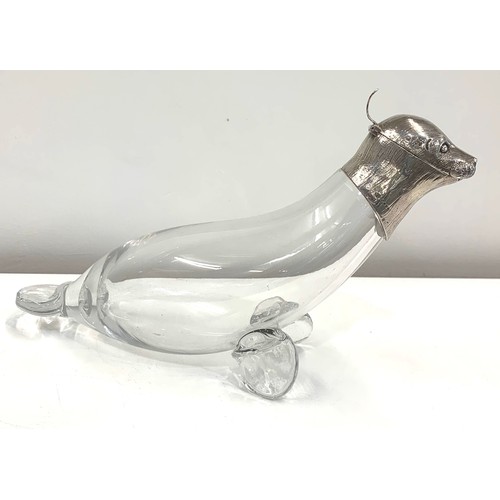 97 - Unusual Victorian glass and silver claret jug in form of a walrus, approximate size:  28cm width, He... 