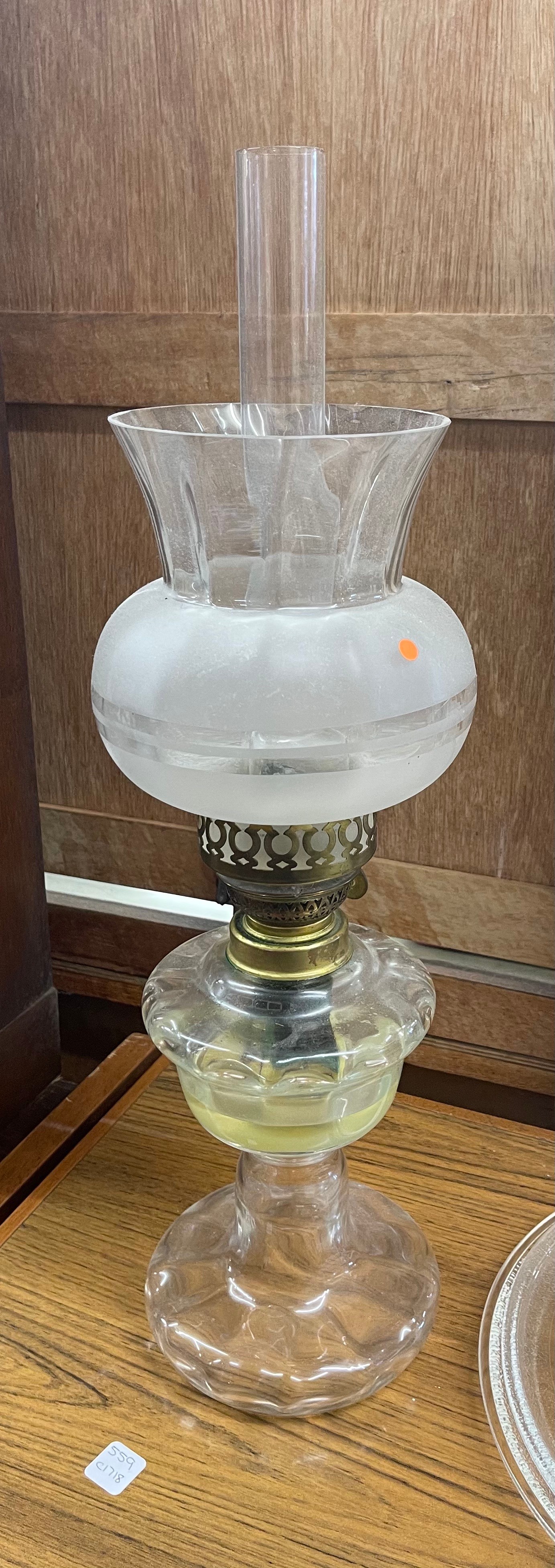 Vintage oil lamp with original shade and funnel
